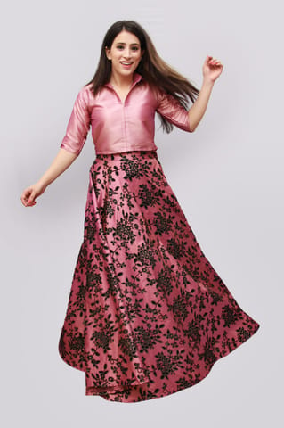 Embroidered Pink Festive Skirt and Top Set