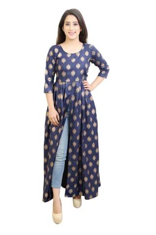 Blue and gold Printed Front Slit Kurta