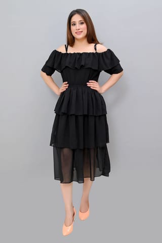 Solid Black Off Shoulder Ruffle Dress