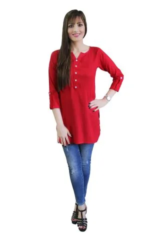 Solid Red Shirt Style Short Kurti