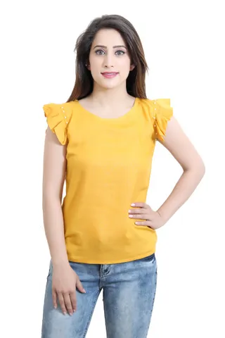 Solid Yellow Top With Ruffle Sleeves