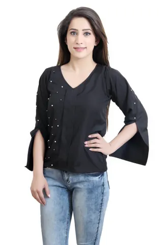 Solid Black Embellished Top With Slit Sleeves