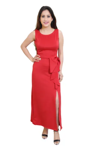 Solid Red Maxi Dress With High Slit