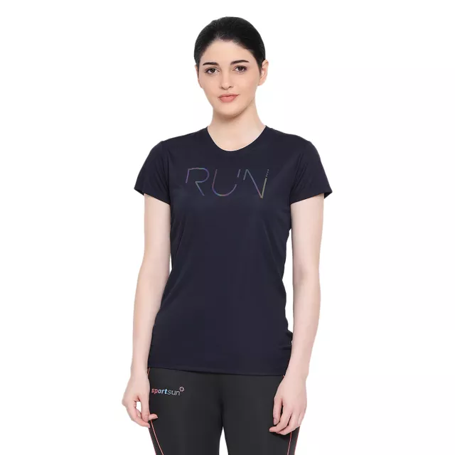 Sport Sun Round Neck Navy Blue T-Shirt for Women's