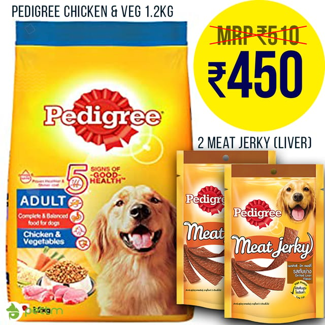 Combo: Pedigree Adult Chicken and Vegetable 1.2 kg + Two Meat Jerky Liver 80 gms