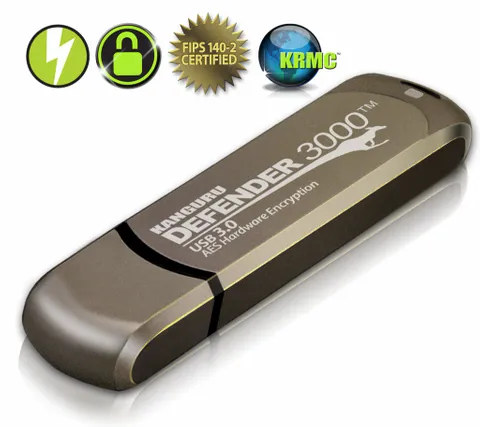 Kanguru 128GB Defender 3000 - Encrypted 3.0 Secure Flash Drive FIPS 140-2 Level 3, On-board Antivirus, Military Grade 256-bit AES Encryption, Data Protection with Password Management