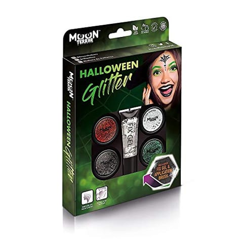 Moon Creations Makeup Terror Glitter Shaker [Easy & Safe to Apply on Face & Body] Cruelty-Free[Halloween][Party MakeUp] - [4-Piece Set + 1 Fix Gel]Blood Red/Wicked White/Midnight Black/Zombie Green