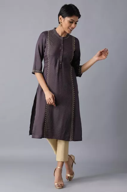 Charcoal Grey Mandarin Neck Embroidered Kurta Charcoal Grey Mandarin Neck Embroidered Kurta