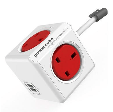 Allocacoc Powercube Plug with Extended Cable 1.5m & 4 Way Socket & 2 USB Ports White & Red، 7400RD / UKEUPC