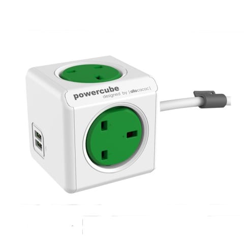 Allocacoc Powercube Plug with Extended Cable 1.5m & 4 Way Socket & 2 USB Ports White & Green، 7400GN / UKEUPC