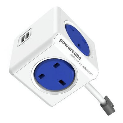 Allocacoc Powercube Plug with Extended Cable 1.5m & 4 Way Socket & 2 USB Ports White & Blue، 7400BL / UKEUPC