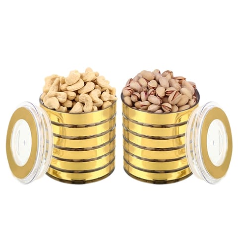 Ghasitaram Diwali Special Cashewnuts & Pistachio Golden Round Combo Jar with Free Silver Plated Coin