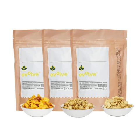 Evolve Snacks Pudina Foxnuts,Sour Cream Onion Oats Chips & Soya Corn Chips Combo Pack