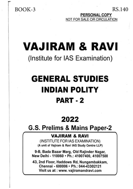 Vajiram & Ravi General Studies GS Printed Notes Yellow Book 2022 - Indian Polity (Part 2) - [B/W PRINTOUT]