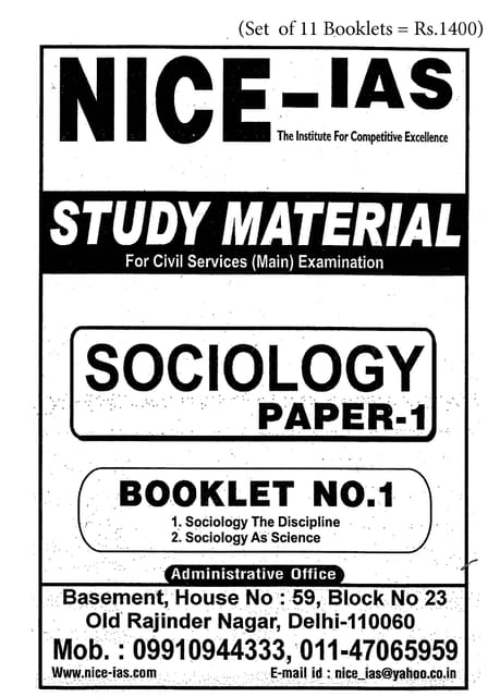 (Set of 11 Booklets) Sociology Optional Printed Notes - Nice IAS - [B/W PRINTOUT]