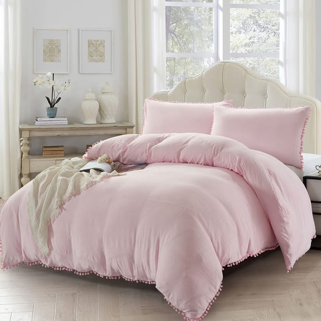 3 Piece King Duvet set With Pompom Lace , Made With Prewashed Supersoft microfiber  ,King Comforter Cover  With Two Beautiful Pillow Shams ,Pink Color