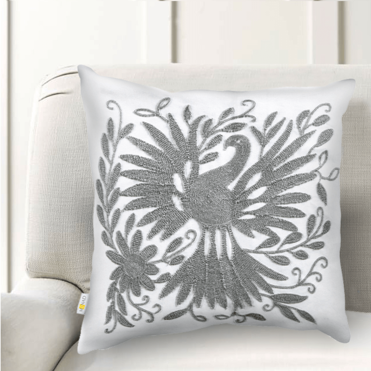 Grey Beautiful Bird Embroidered Cushion Cover