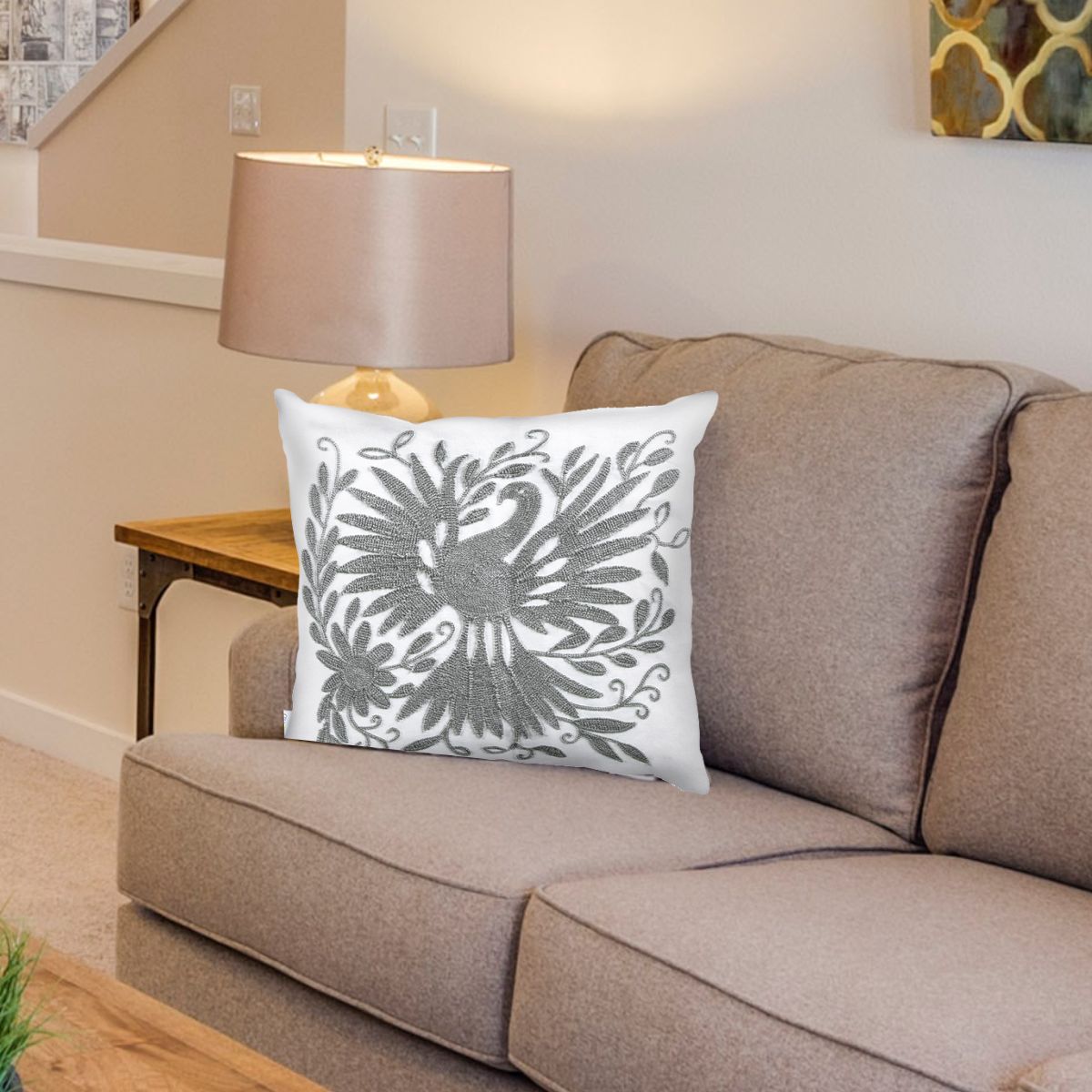 Grey Beautiful Bird Embroidered Cushion Cover