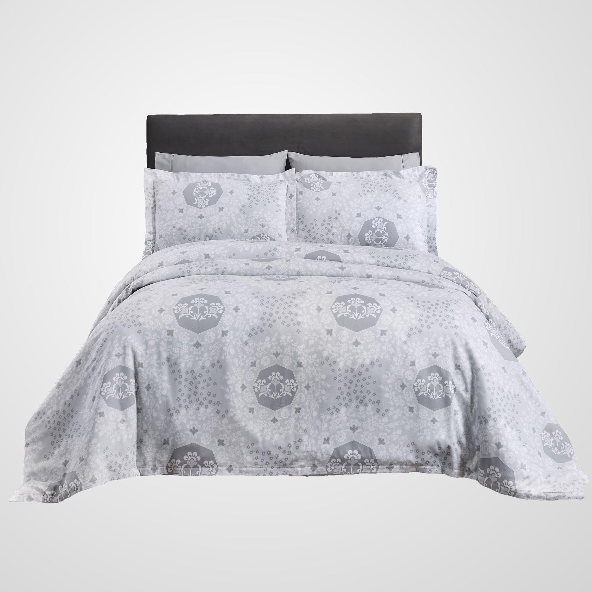 Octagonal Damask Print Cotton Comforter Set 5-Piece Twin Light Grey