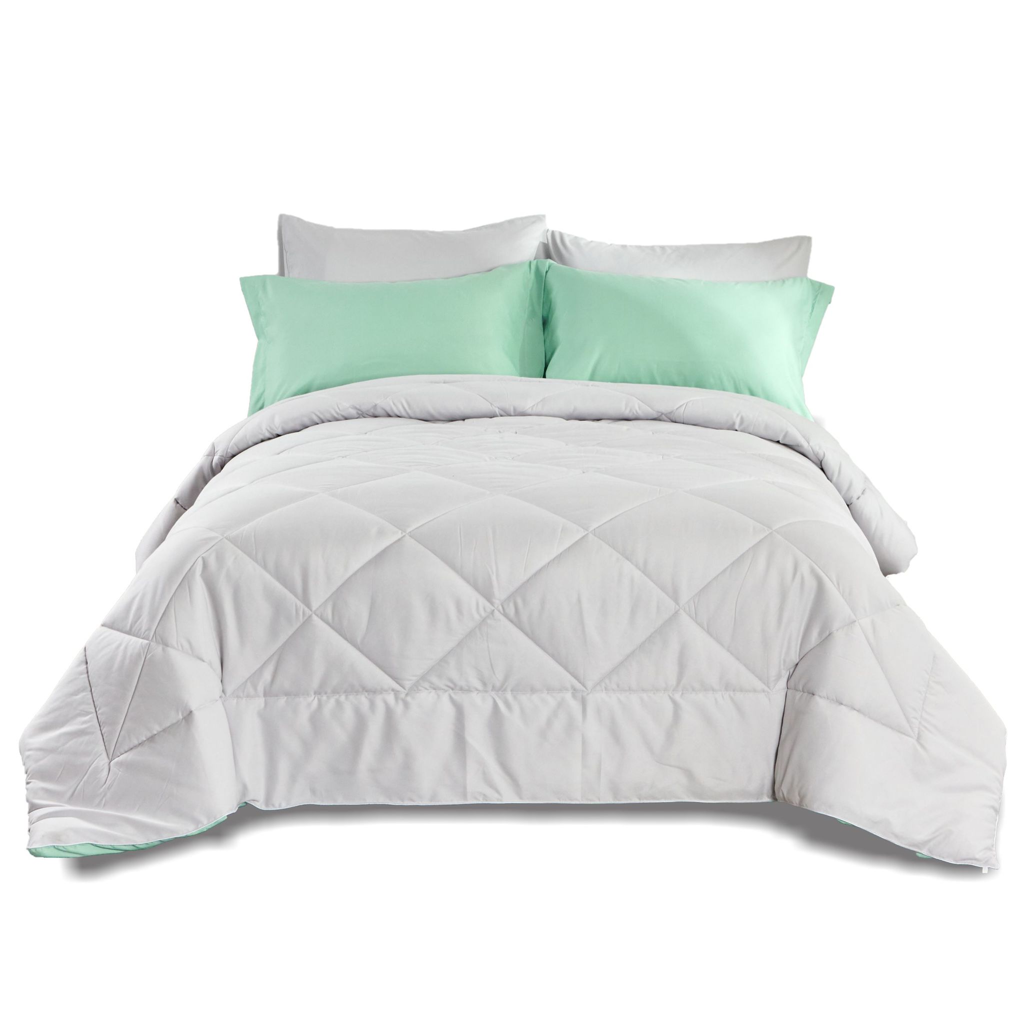 Diamond Quilted Reversible Comforter Set 6-Piece King Spa Mint/Light Gray