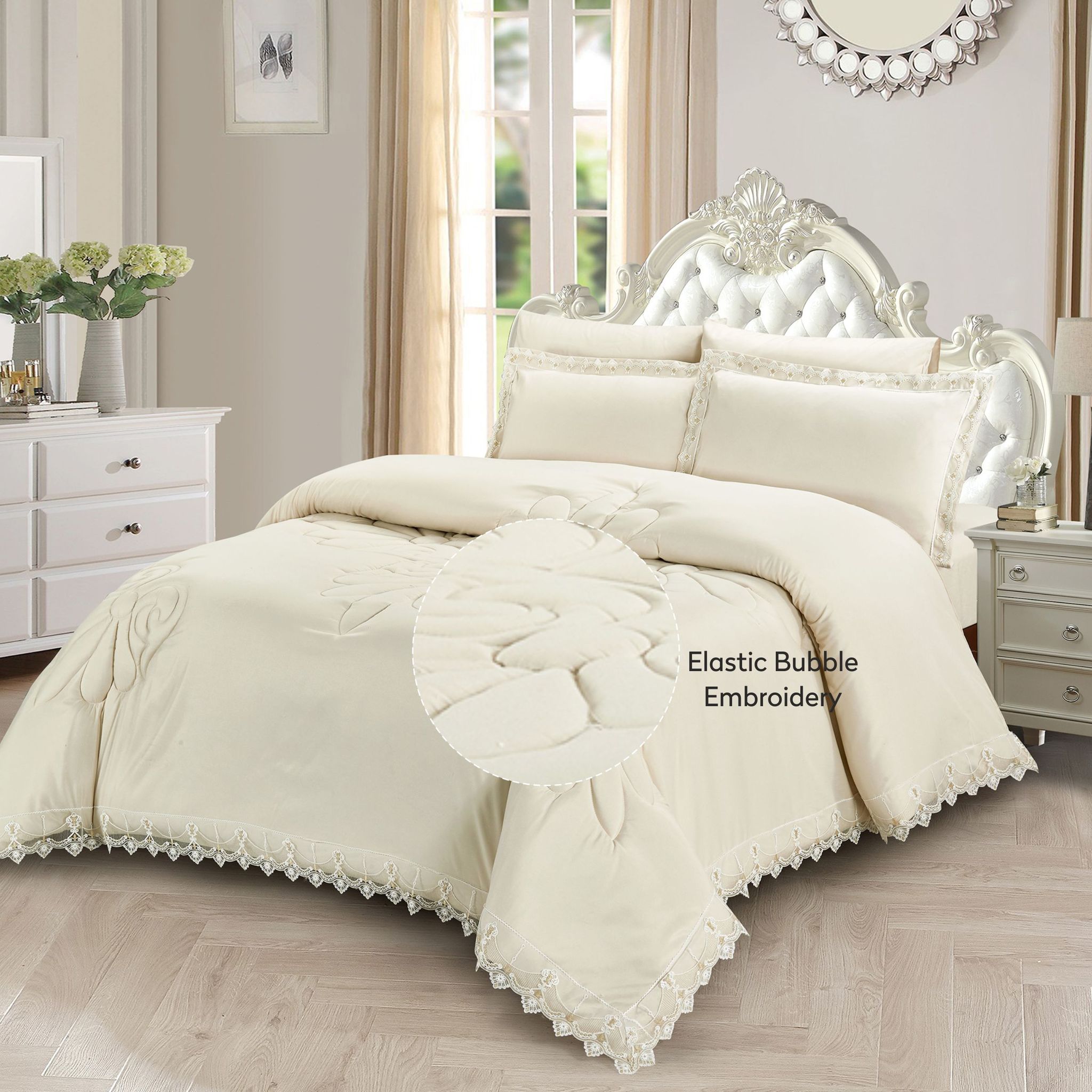 Elastic Lace Embroidered Comforter Set 6-Piece King Beige