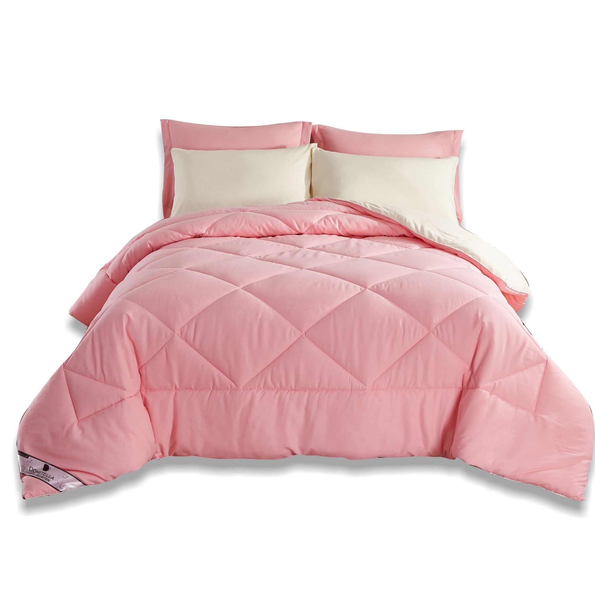 Diamond Quilted Reversible Comforter Set 6-Piece King Pink/Ivory