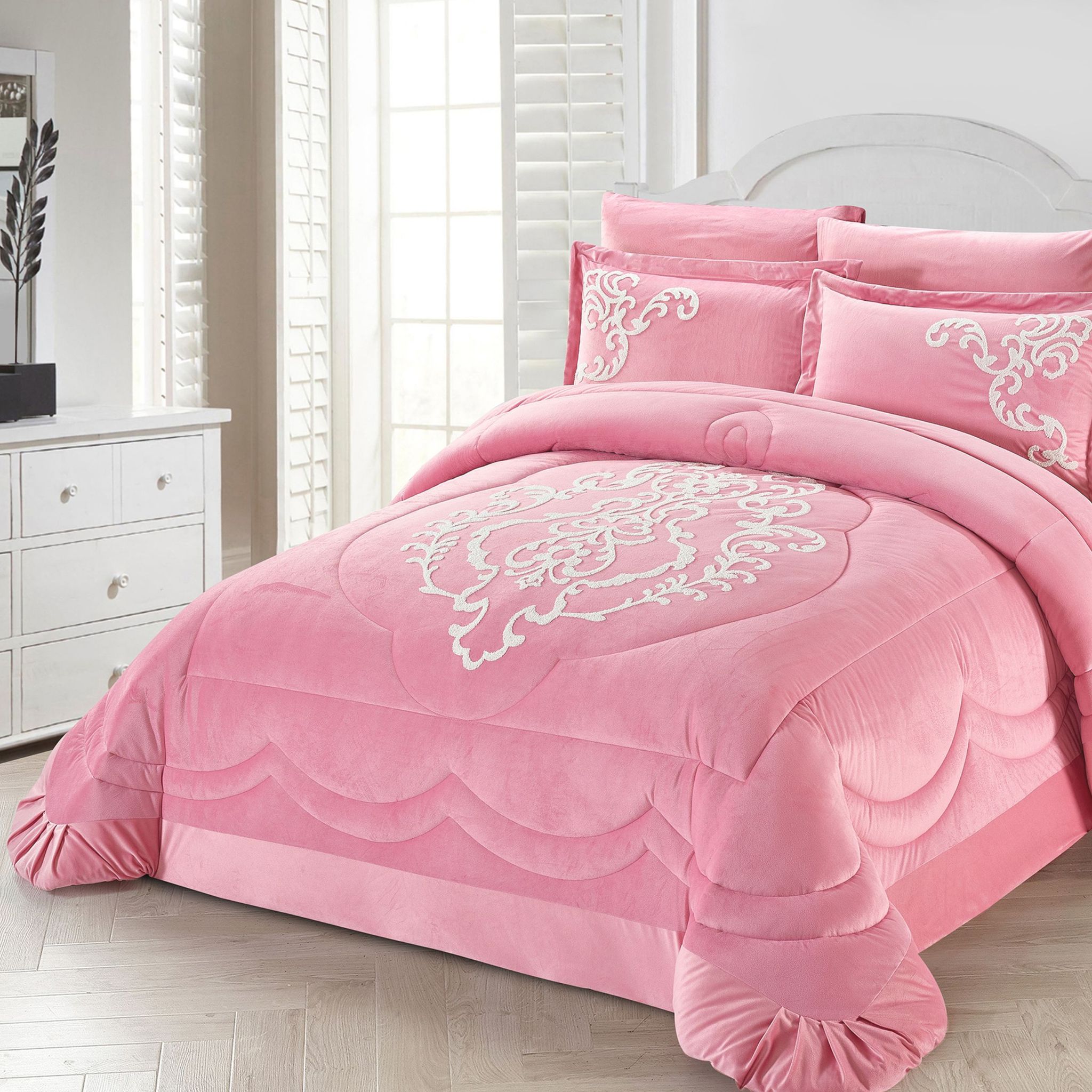 3D Damask Embroidered Comforter Set 6-Piece King Daisy Pink