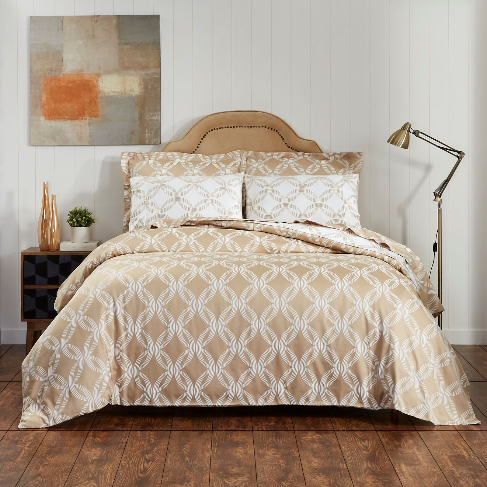 Geometric Art Pattern Cotton Comforter Set 5-Piece SIngle Beige