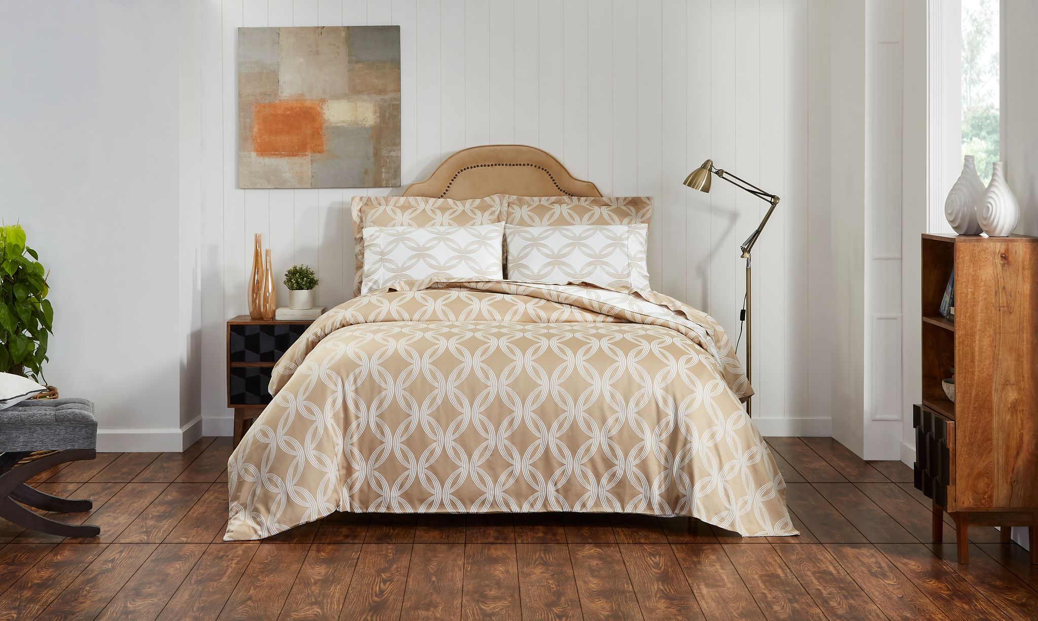 Geometric Art Pattern Cotton Comforter Set 5-Piece SIngle Beige