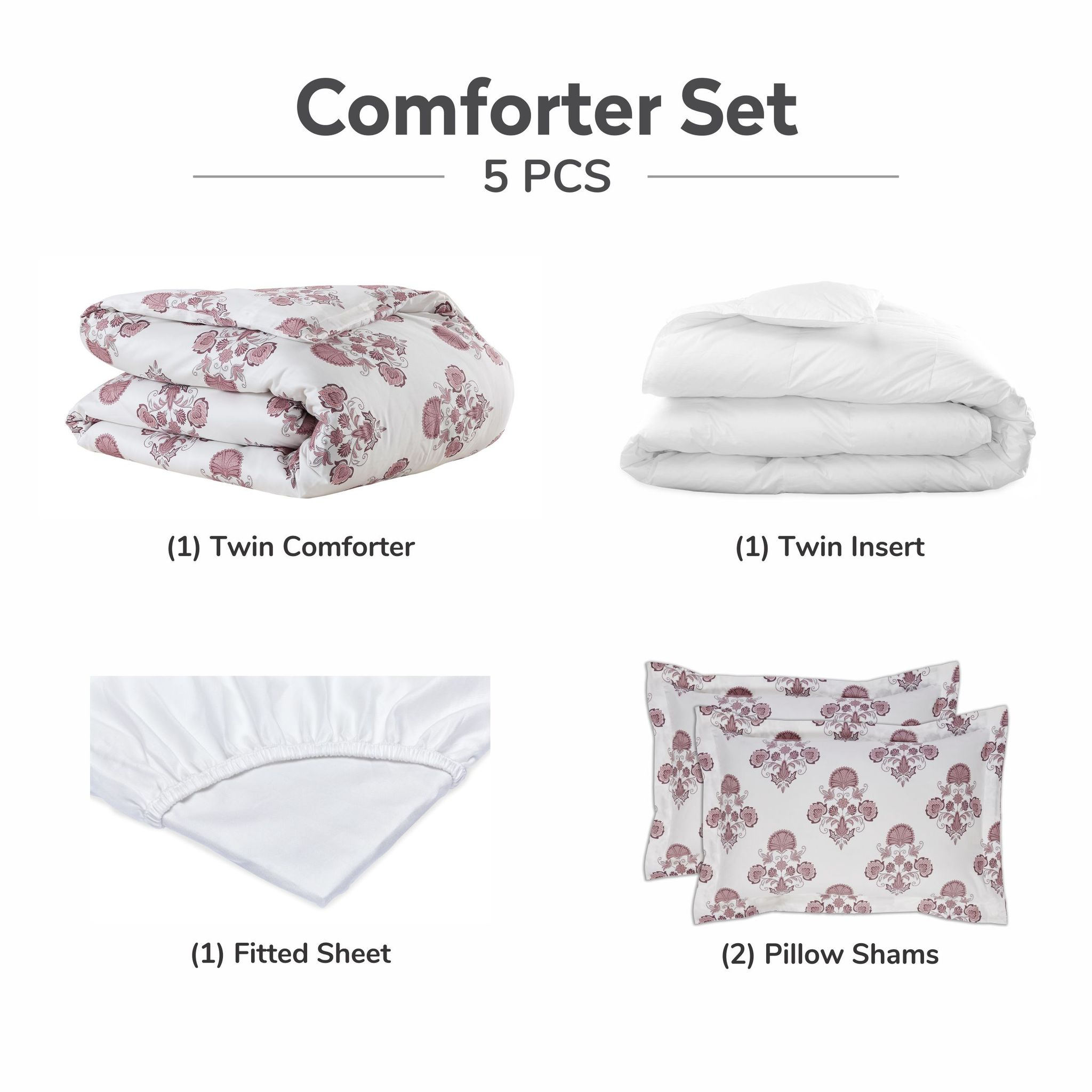 Damask Print Cotton Comforter Set 5-Piece Single White