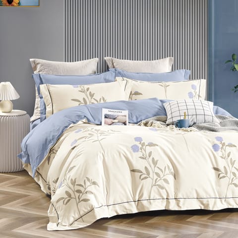 6-Piece King Size Cotton Comforter Set Reversible Pattern, Cream/Blue