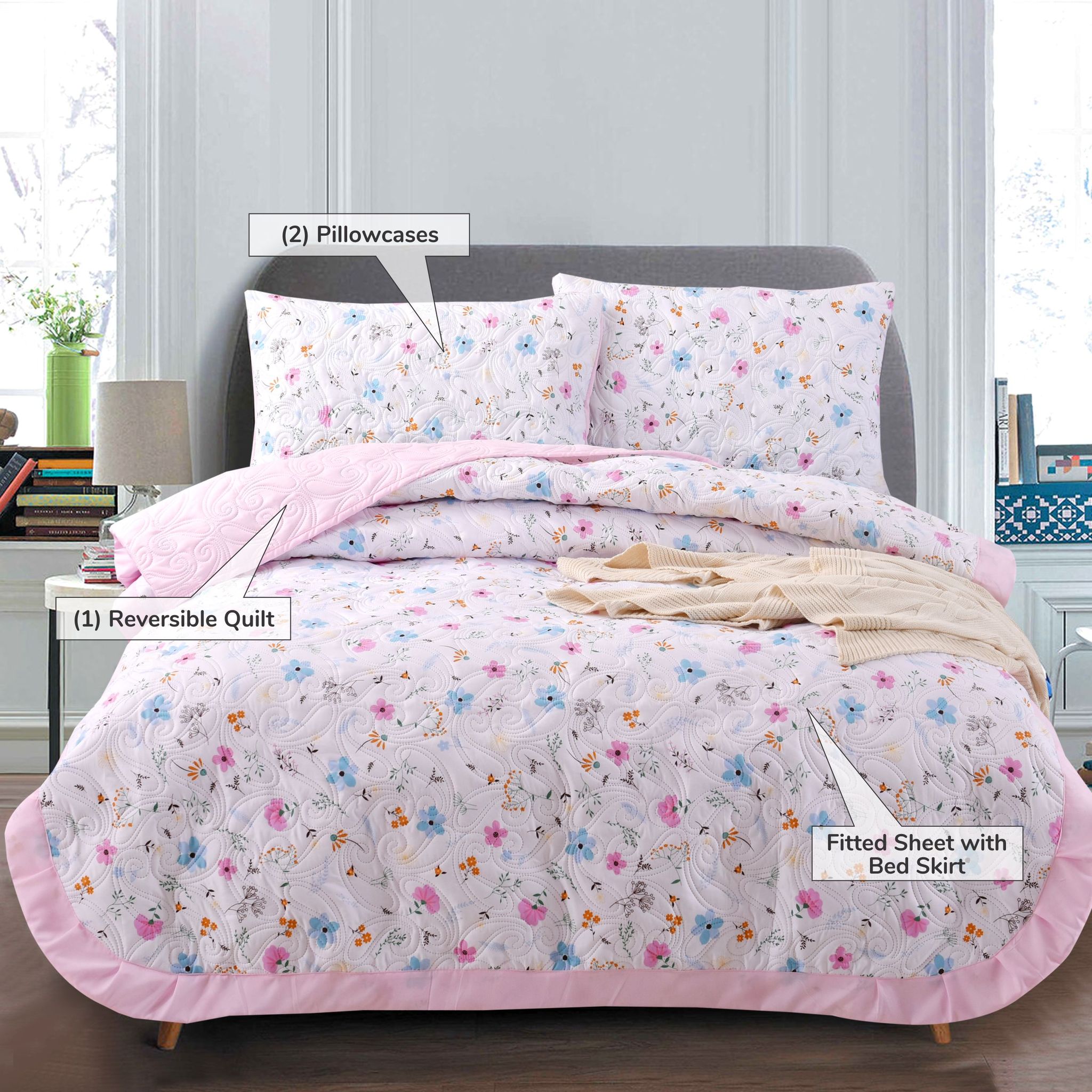 Ultrasonic Embroidered Floral Pattern Quilt Set 4-Piece Single Pink