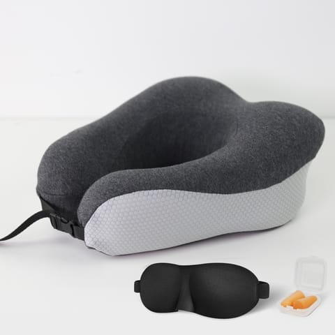 Luxury Travel Pillow with Ear Plugs, Eye Mask and Mesh Bag Memory Foam Dark Gray 28x25x13cm