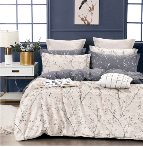 Cotton Comforter Set 6-Pcs Double Size All Season Reversible Printed Bedding Set With Super Soft Down Alternative Filling, Milk White