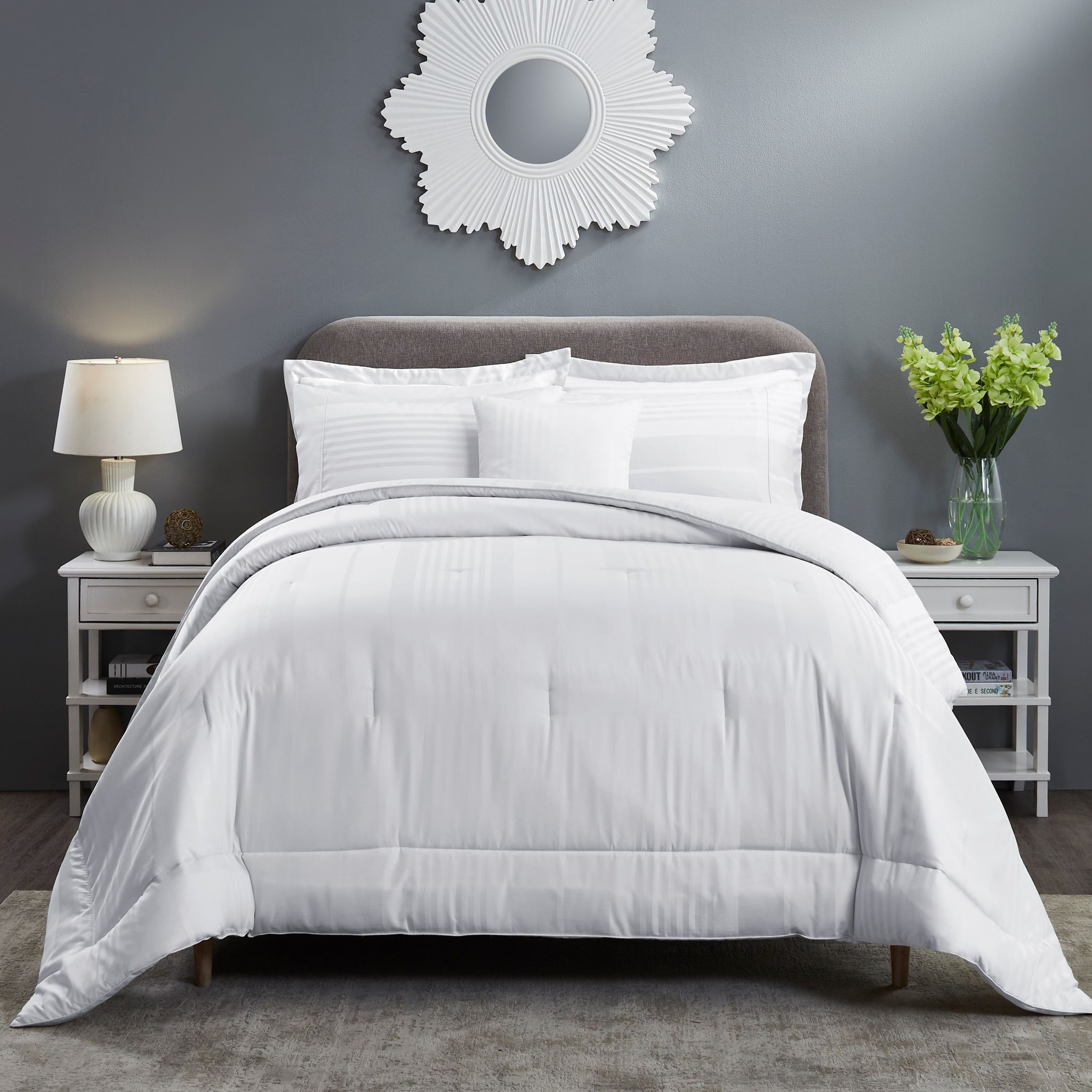 Comforter Set 7-Pieces Double Size Hotel Style All Season Cotton Rich Stripe Pattern Bedding Set With Removable Cover And Down Alternative Filling, White
