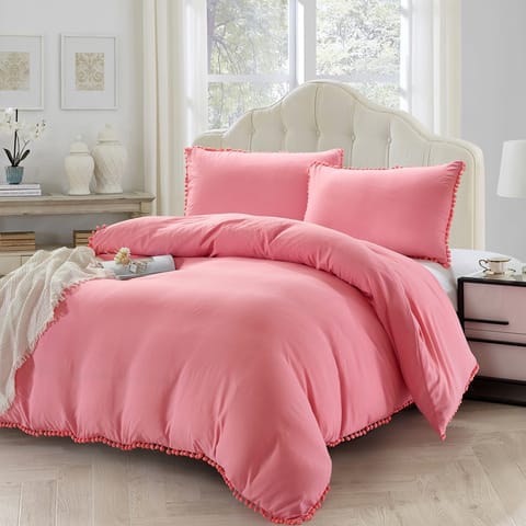 5-Piece King Size  Comforter Set  with Pompom Lace and Removable Filler, Coral Pink.