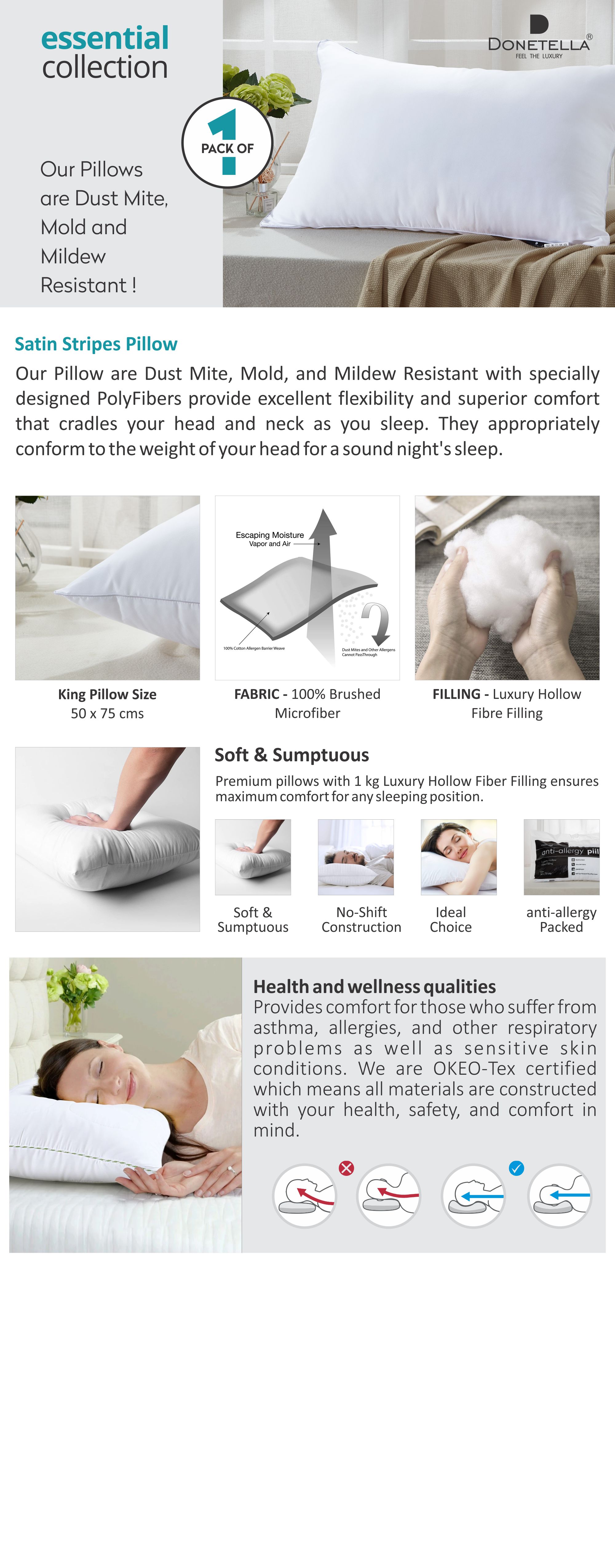 Anti Allergic 1Kg Filling Pillows 50X75 White