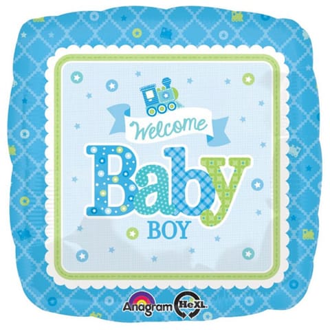 S40 WELCOME BABY BOY TRAIN SQUARE BALLOON 18IN