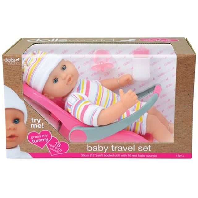 BABY TRAVEL SET - 30CM (12") SOFT BODIED DOLL- 16 REAL BABY SOUNDS