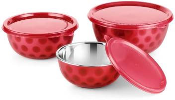 Microwave Safe Stainless Steel Dot Bowl Set | Airtight (RED POLKA DOT, Set of 3)