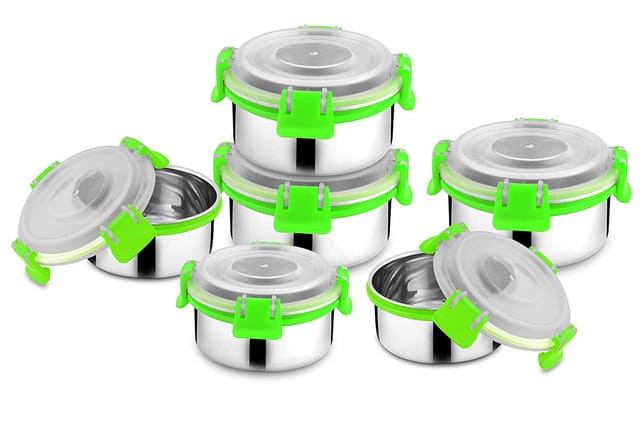 Stainless Steel Airtight Leak Proof Lock N Lock Lunch Tiffin Boxes for Offices/Home/Kitchen (Set of 6; Color: Green; 3x11cms, Cap.: 6x325 ml Approx)