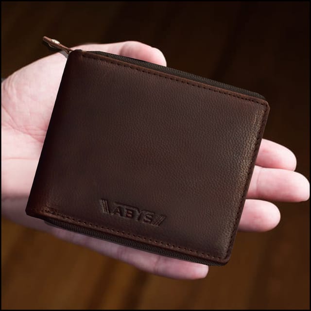 ABYS Genuine Leather Dark Brown Wallet with Zip Closure