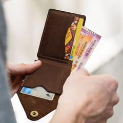 ABYS Handmade Genuine Leather Dark Brown Card Holder with Button Closure