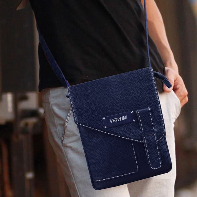 ABYS Genuine Leather Navy Blue Sling Bag For Men & Women