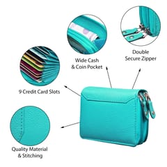 ABYS Genuine Leather Double Zipper Teal Card Holder