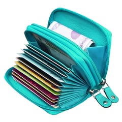 ABYS Genuine Leather Double Zipper Teal Card Holder