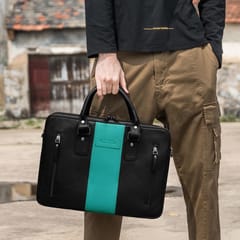 ABYS Genuine Leather Black & Teal Laptop Bag for Men and Women