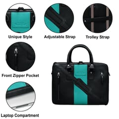 ABYS Genuine Leather Black & Teal Laptop Bag for Men and Women