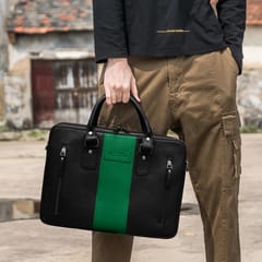 ABYS Genuine Leather Black & Green Laptop Bag for Men and Women