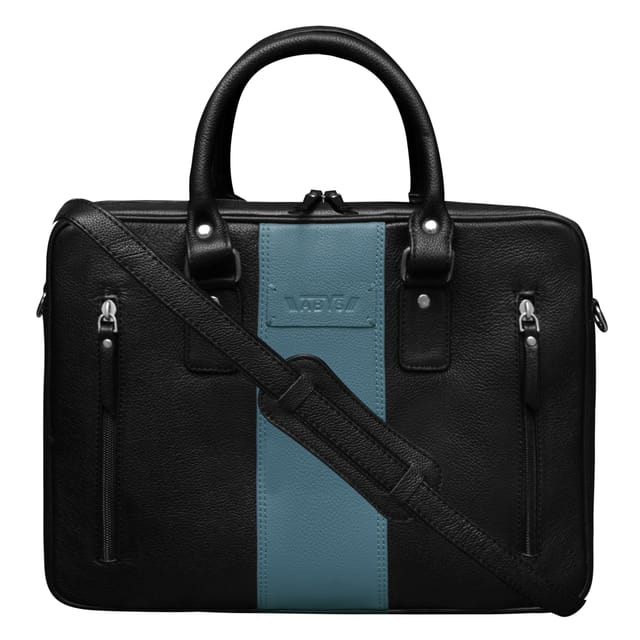 ABYS Genuine Leather Black & Grey Laptop Bag for Men and Women
